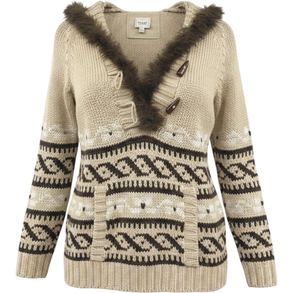 Kenji Sweater Wms M Beige Fair Isle Faux Fur Hood Toggle Handknit Nordic Boho
